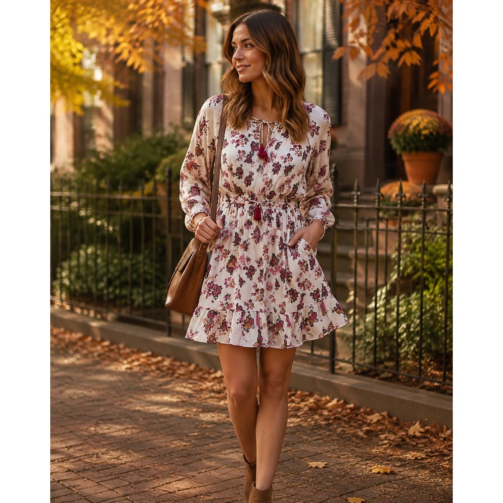 Free People Camella Mini Dress‎ Medium Floral Tassel Boho Cotton Lined Peasant